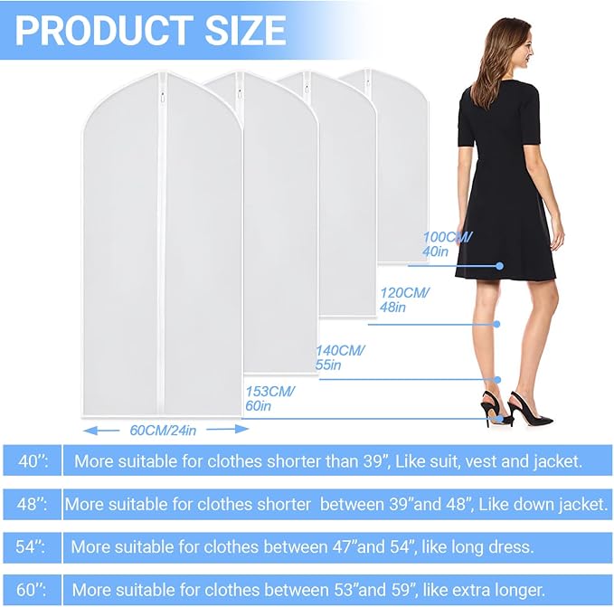 Garment Bags for Hanging Clothes (24''X48'' Set of 12) Suit Bags for Closet Storage Plastic Waterproof Suit Cover Bags with Zipper for Suit, Sweaters, Coat Protector Travel Closet Clothing