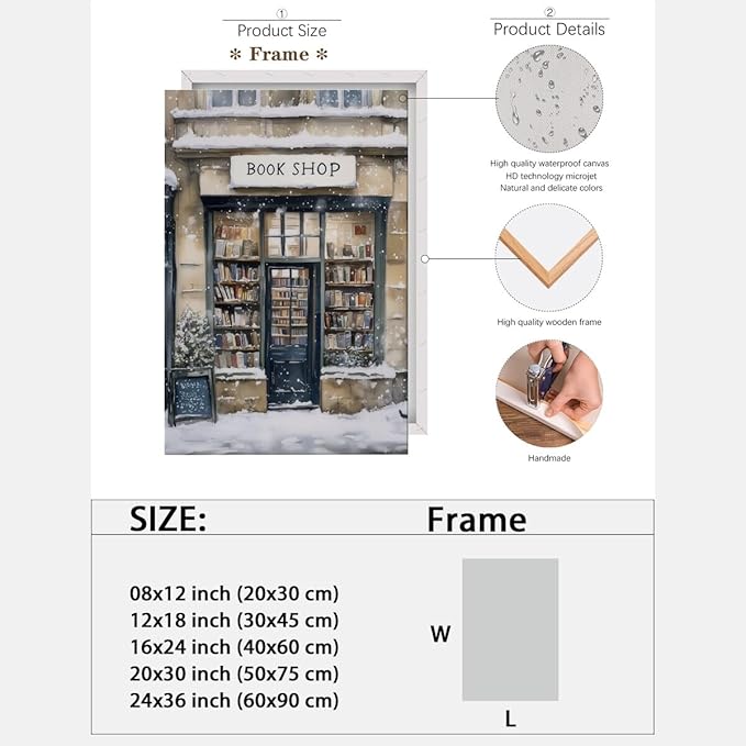 Winter Snowy Bookshop Art Aesthetic Poster Canvas Wall Art Decoration Living Room Home Decor Bedroom Decoration Poster Framed16x24inch