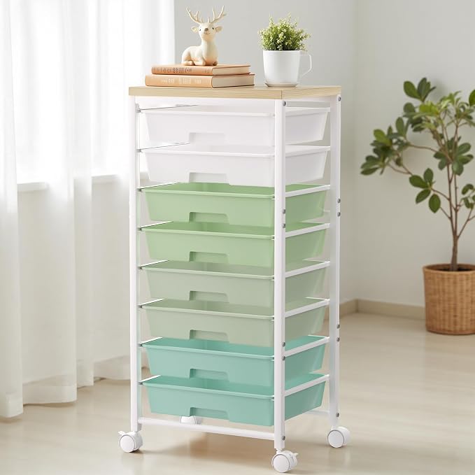 Rolling Cart with 8 Drawers, Plastic Drawer Storage Carts with Wheels & Wooden Tabletop, Metal Utility Cart Organizer for Bedroom Living Room Office Classroom Craft Organization and Storage, Green