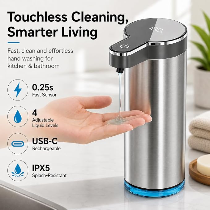 Automatic Liquid Soap Dispenser, Touchless Rechargeable Soap Dispenser for Kitchen & Bathroom, Stainless Steel, 4 Adjustable Liquid Levels, USB-C, Waterproof, 12oz/350ml