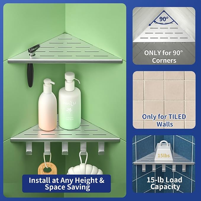 10'' Corner Shower Shelf | 304 Stainless Steel Shelves for Bathroom, Grout in Shelf with Hooks for Tiled Wall (Brushed)