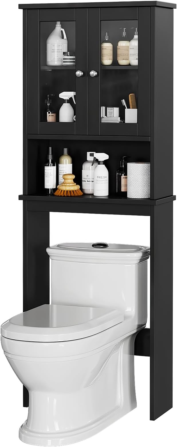Over The Toilet Storage Cabinet for Bathroom, Storage Organizer Over Toilet with Glass Doors, Space Saver for Living Room, Black