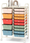 COSTWAY 15 Drawer Rolling Storage Cart, Mobile Storage Organizer | Removable Drawers & Metal Frame, Multipurpose Utility Tools Paper Organizer on Wheels for Home, Office (Macaron)