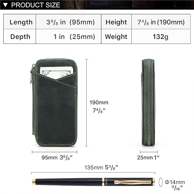 CONTACTS Full Grain Leather Pencil Case Handmade Vintage Zipper Pen Holder Pouch with Card Slot Pens Organizer Pockets Stationery Bag for Men and Women (Dark Green)