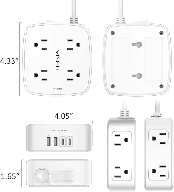 5Ft Surge Protector Power Strip - 8 Widely Outlets with 4 USB Ports, 3 Side Outlet Extender with 5 Feet Extension Cord, Flat Plug, Wall Mount, Desk USB Charging Station, ETL,White