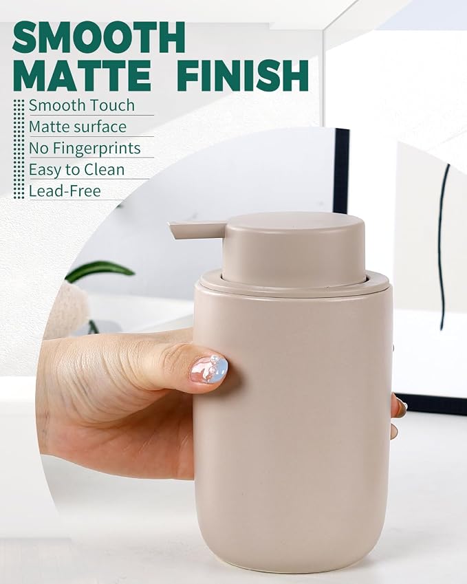 BosilunLife Foam Soap Dispenser, Hand Pump Dispenser for Kitchen Sink | Ceramic Foaming Hand Wash Dispenser for Bathroom Modern Farmhouse Small Soap Dispenser Lotion (Khaki, Foam Pump)