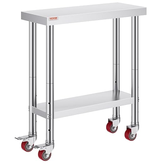 VEVOR Stainless Steel Work Table 30 x 12 x 34 Inch, 700 LBS Load Capacity with 4 Wheels, 3 Adjustable Height Levels, Heavy Duty Food Prep Worktable for Commercial Kitchen Restaurant, Silver