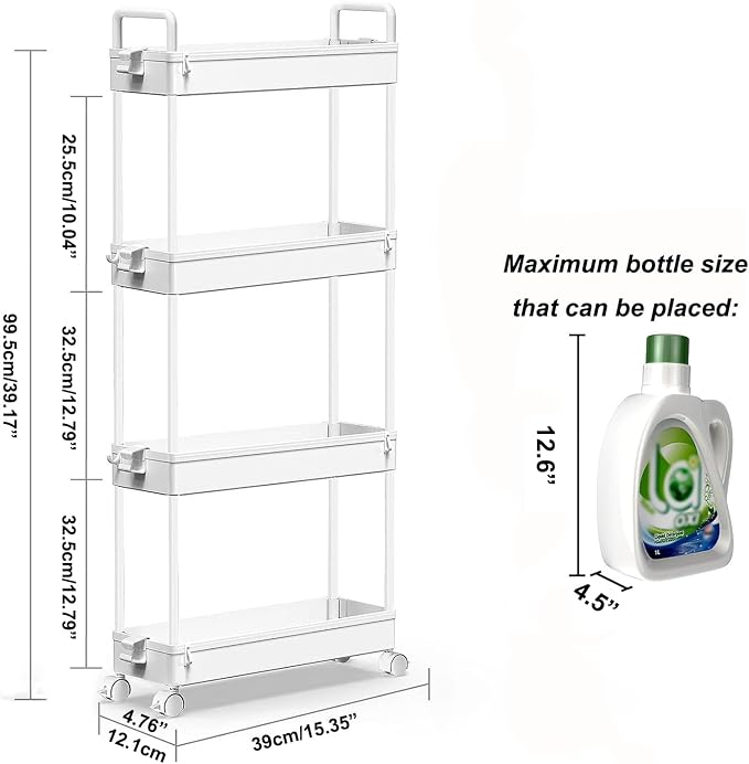 SOLEJAZZ Slim Rolling Storage Cart Skinny Bathroom Organizer, 4 Tier, White | Thin utility cart with wheels for bathroom, laundry room, bedside, kitchen, dorm, office, next to fridge, small narrow places