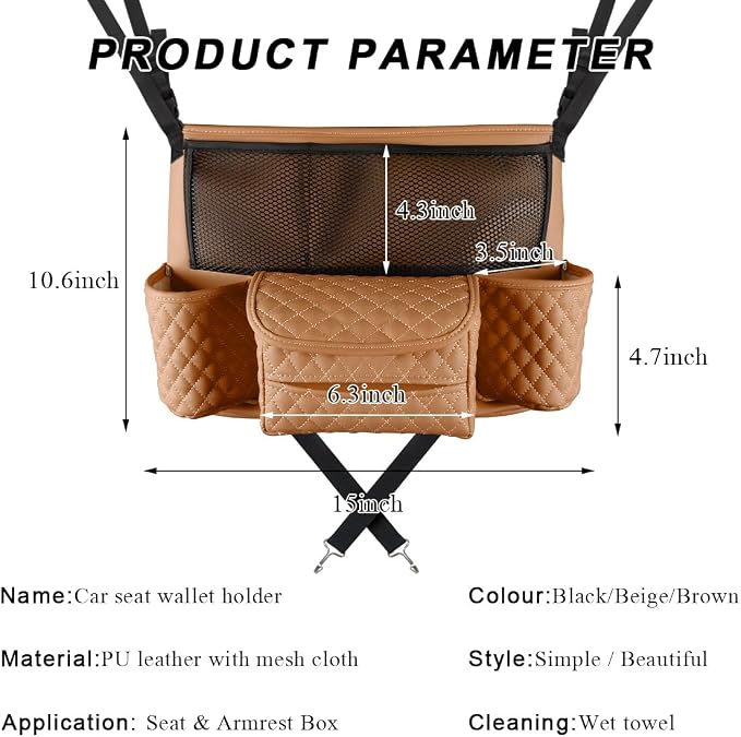 DXNQ Car Purse Holder Between Seats, Luxury Leather Front Seat Back Handbag Organizer with Tissue Box Cup Holders, Auto Large Capacity Multi Pocket Purse Holder Hanging Storage Bag (Brown)