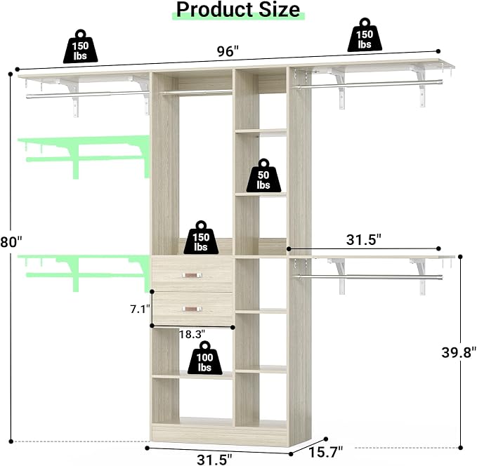 Armocity 8FT Heavy Duty Wood Closet System, 1500 LBS+ Capacity Wall Mounted Walk-in Closet Organizer with 2 Drawers & 4 Hanging Rods, 96'' Custom Bedroom Storage Wardrobe, White Oak