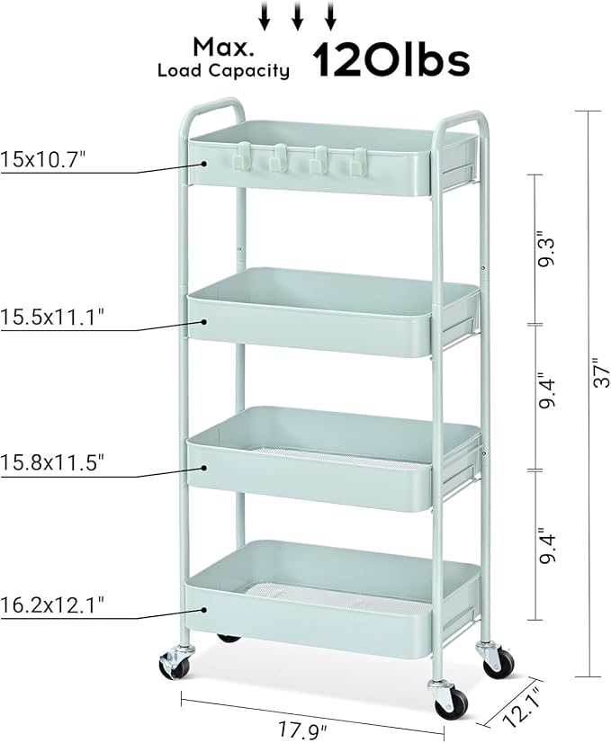 TOOLF 4-Tier Rolling Cart - Metal Storage Organizer with Lockable Wheels, 44 lbs Per Shelf Capacity, Tool-Free Assembly, for Kitchen Bathroom Office Laundry Room Nursery, Green