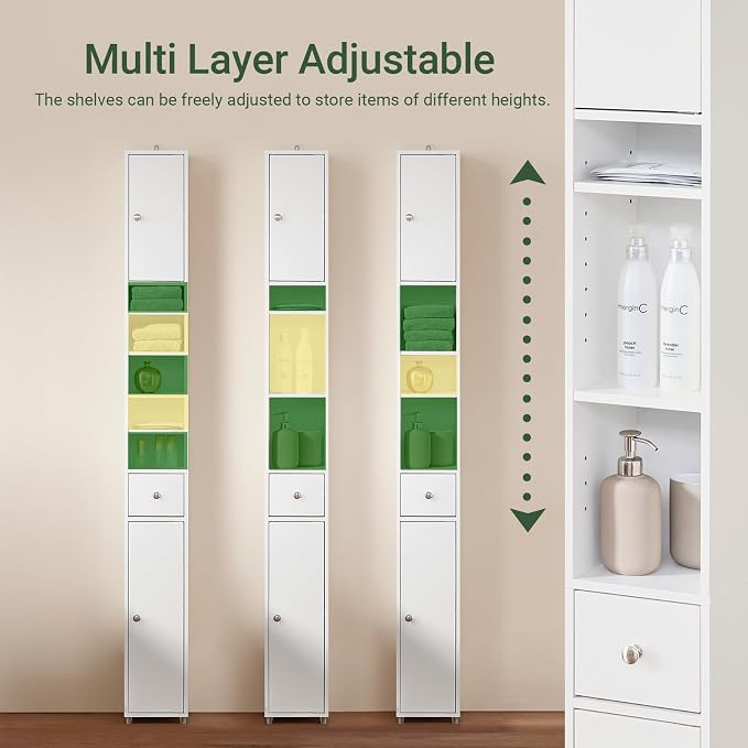 SoBuy Narrow Bathroom Storage Cabinet, 7.8 x 7.8 x 70.8 in, White | Anti-Tipping Narrow Freestanding Bathroom Cabinet With Adjustable Shelves, Slim Storage For Tight Bathroom Corners, BZR34-W