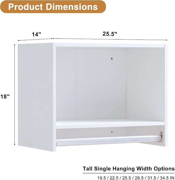 22.5" Single Hanging Closet Module, White MDF Closet Organizer System with Aluminum Hanging Rod, Wall-Mounted Wardrobe Storage for Shirts, Jackets, Bedroom, Walk-In Closet