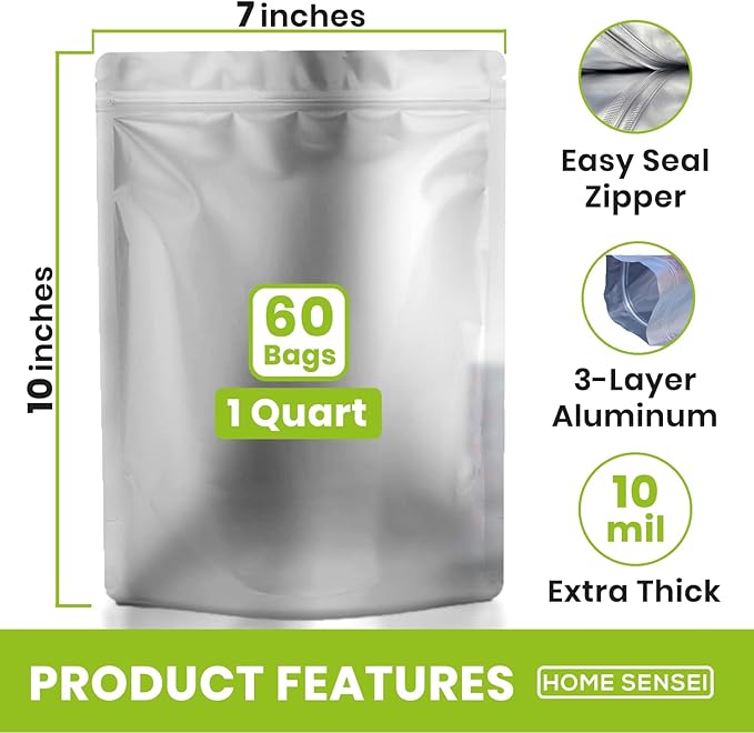 60pcs 1 Quart Mylar Bags for Food Storage - ExtraThick 10 Mil - Smell Proof Mylar 1 Quart - Stand-Up Zipper Pouches 7" x 10" - Small Bags for Food Storage - Heat Sealable