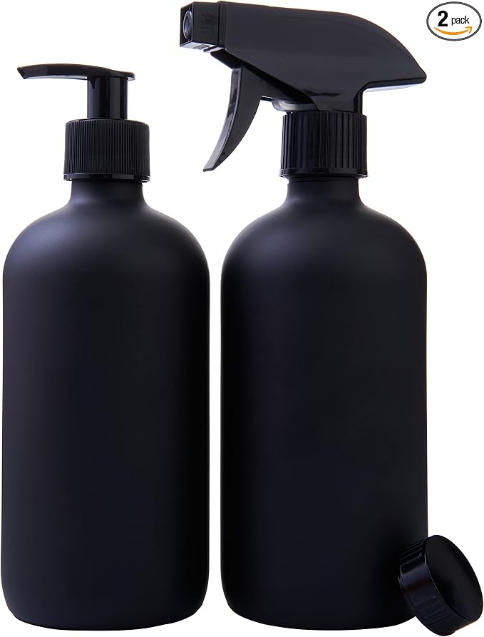 Black Boston Round Glass Bottles, 16oz | Glass Spray Bottle & Soap Dispenser | Reusable for Cleaning & More | Set of 2