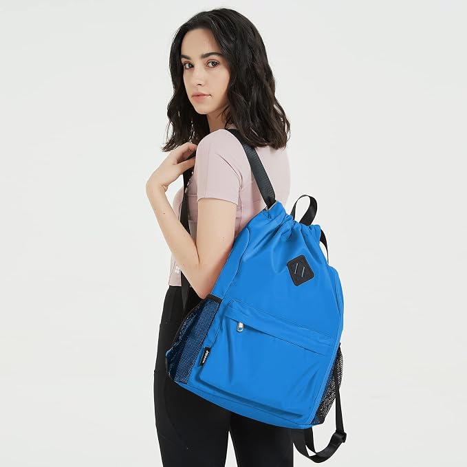 WANDF Drawstring Backpack with Shoe Compartment, Sports Gym Bag | Multi-Pocket Storage, Water-Resistant Fabric, Cinch String Bag