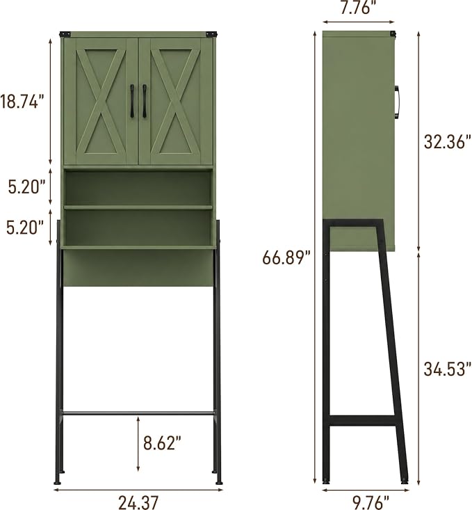 Vabches Over The Toilet Storage Cabinet, Farmhouse Over Toilet Storage Cabinet, Metal Frame with 2 Barn Doors, Home Space-Saving Toilet Rack for Bathroom, Toilet, Laundry Room.Green