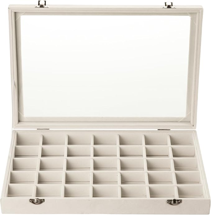 Frebeauty 35 Grid Earring Organizer,Velvet Jewelry Tray with Clear Lid | Drawer Jewelry Organizer for Rings Studs Beads,Adjustable Dividers,Dustproof Design,Earring Storage,Trinket Box,13.8×9.5Inch