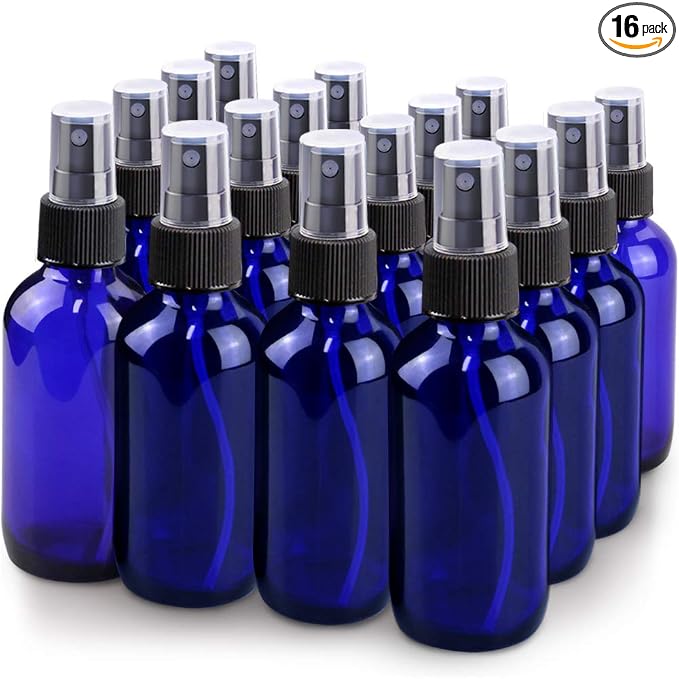 Wedama Spray Bottle, 4 oz Fine Mist Glass Spray Bottles, Little Refillable Liquid Containers for Watering Flowers Cleaning(16 Pack, Blue)
