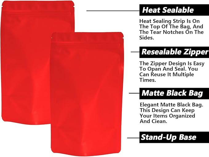 100PCS Smell Proof Resealable Pouch Bags,ULIFESTAR Aluminum Foil Flat Food Storage Bag,Sealable Pcsaging Zipper Pouches with Tear Notches for Pcsaging Lipgloss,Jewelry,etc(12 * 20cm/4.72 * 7.87",Red)