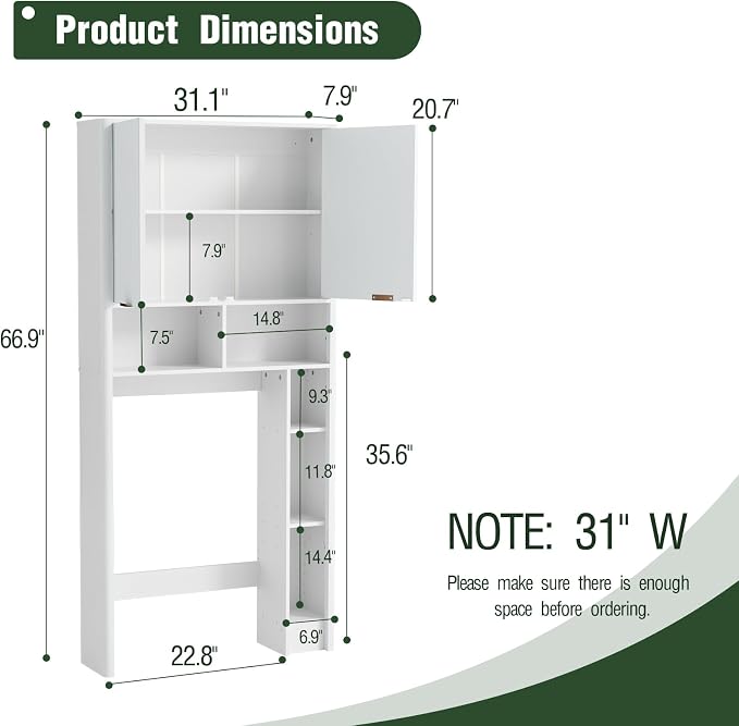 AKMAKM 31" W Over the Toilet Storage Cabinet with Fluted Door, White Bathroom Organizer with Adjustable Shelf, 67''H Tall Toilet Paper Holder Stand Wave Door for Restroom, Laundry Room