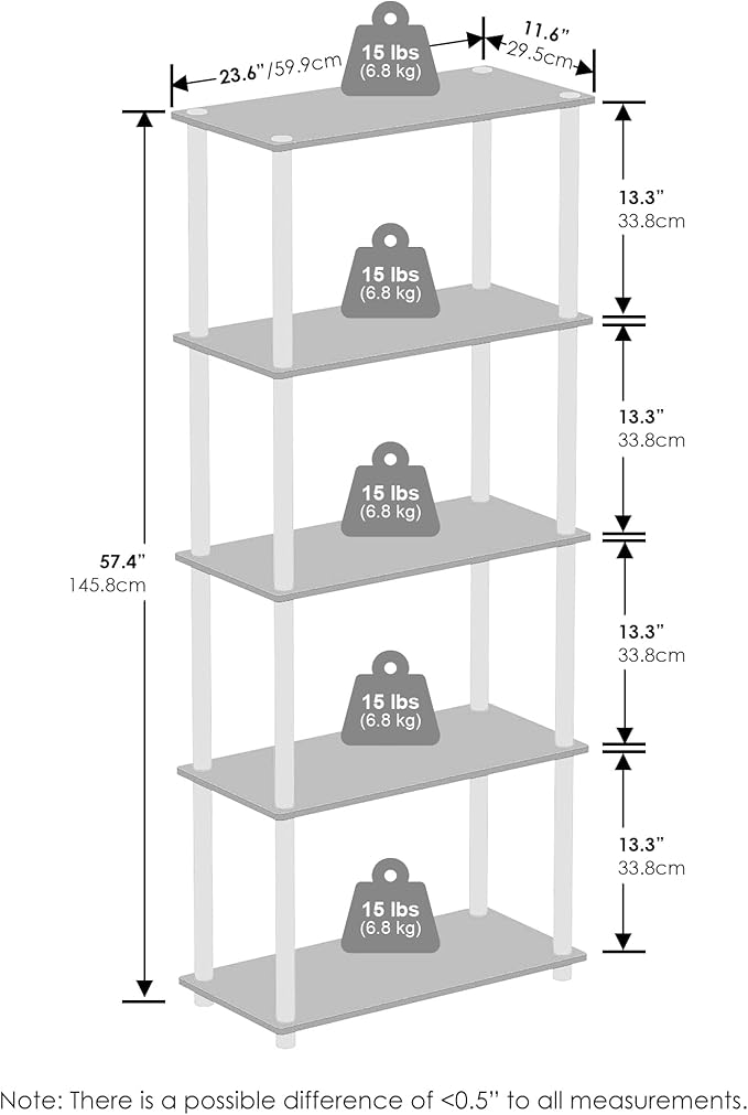 Furinno Turn-N-Tube Book Shelf, 5-Tier Bookshelf, Bookcase with Multipurpose Compact Display Rack, 11.6 x 23.6 x 57.4, for Living Room, Bedroom, Home Office, Walnut/Brown