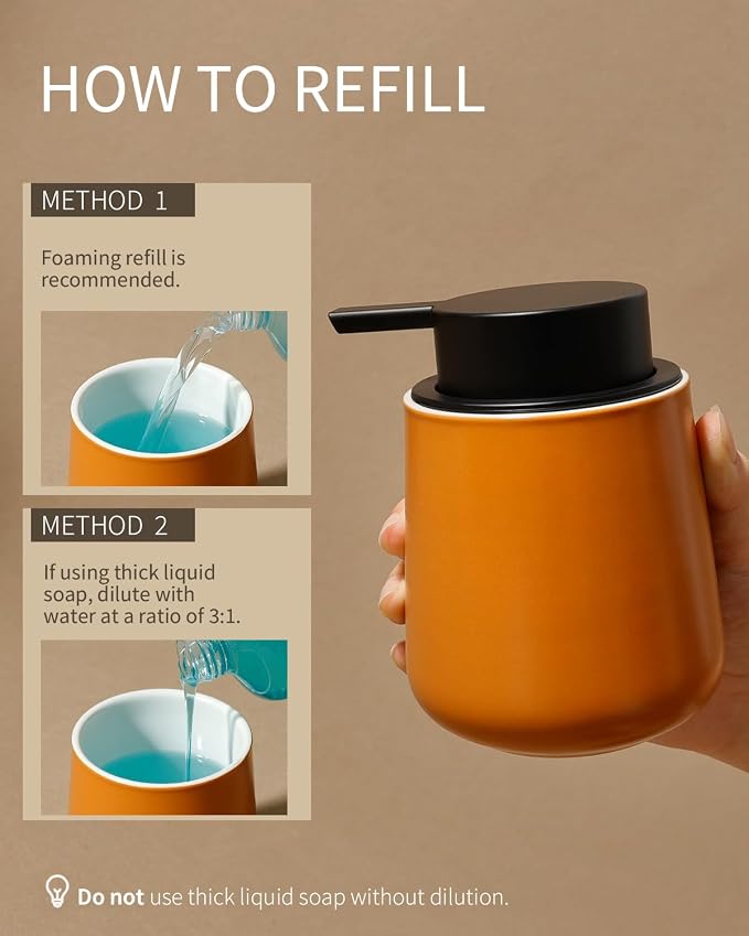 Bosilunlife 12Oz Ceramic Foam Soap Dispenser for Bathroom Kitchen Counter | Premium countertop foam pump creates delicate dense foam, stable desktop placement, Orange