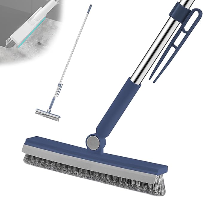 Floor Scrubbing Brush with 57" Adjustable Long Handle,3 in 1 Living Grout Brush with Squeegee,V-Shape Stiff Brush Bristle,Heavy Duty Bathroom Cleaning Brush for Tile,Deck,Patio,Wall,Garage,Kitchen,Blu