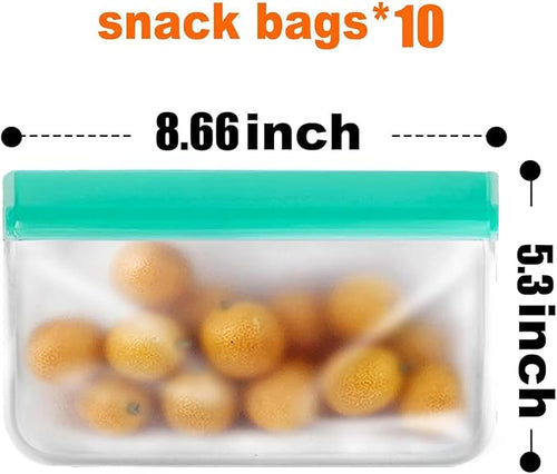 10 Pack Reusable Snack Bags, Extra Thick BPA Free, Dishwasher & Freezer Safe Food Storage Bags for Lunch, Snacks & Home Organization (Green, 10 Pack Snack Bags)