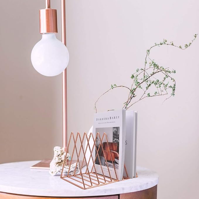 EASEPRES 9 Slot Magazine Rack Book Record Holder, Desktop Iron Storage Rack Bookshelf Multifunction Triangle File Organizer Sorter for Decor Home Office, Rose Gold Pack of 2