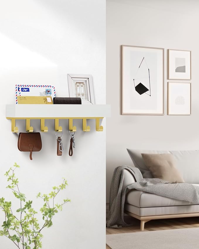 Key Holder Wall Mount Magnetic Adhesive - Key Hooks Rack with shelf | Key Hanger with Mail Organizer for RV Camper Fridge Living Room Decor, Home Essentials, Large Gold White