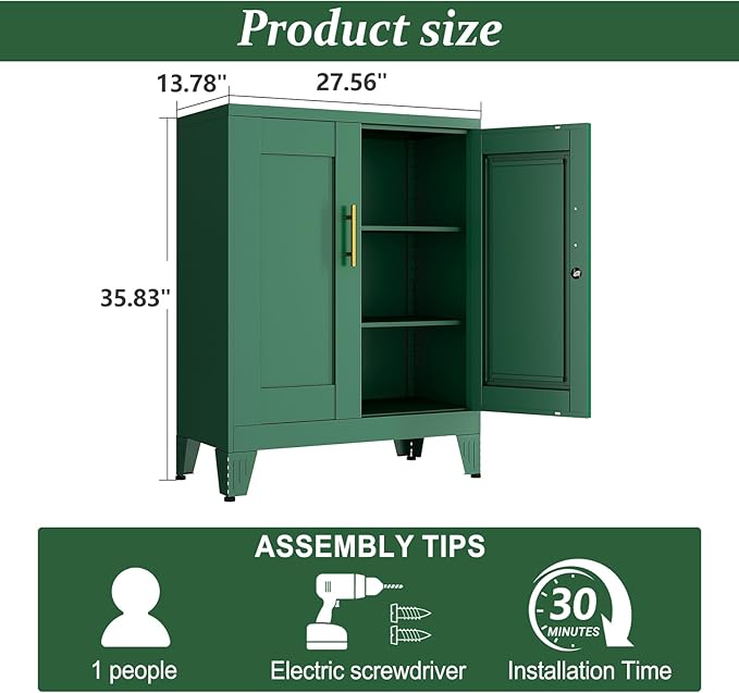 Green Metal Storage Cabinet, 36" Tall Locking Storage Cabinet with 2 Adjustable Shelves, Steel Locker Organizer, for Office, Home, School