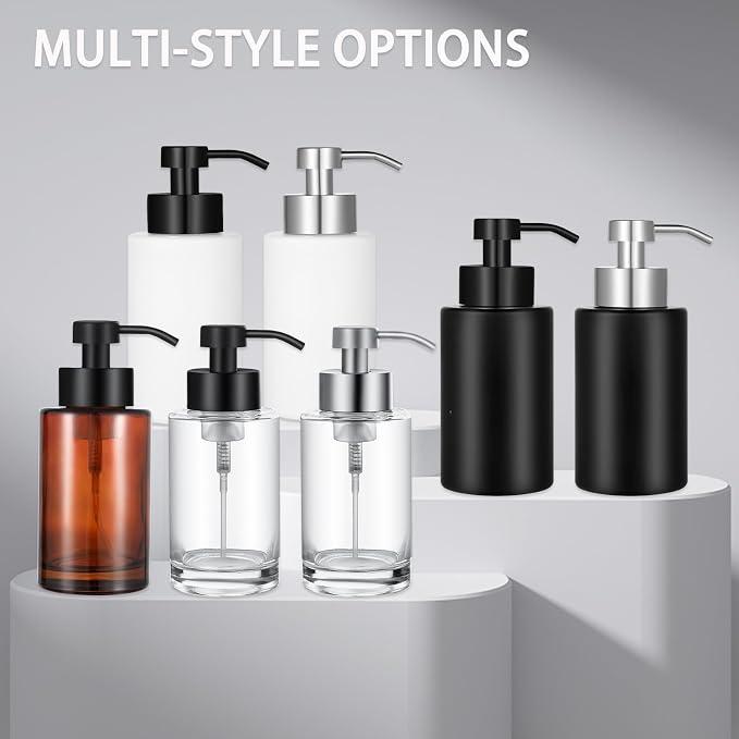 Glass Foaming Soap Dispenser Set with 304 Stainless Steel Pump 12oz Clear | Rust Proof Silver Pump, Sturdy, Empty Foam Bottle with Waterproof Labels for Bathroom Decor Kitchen Colleage Dorm