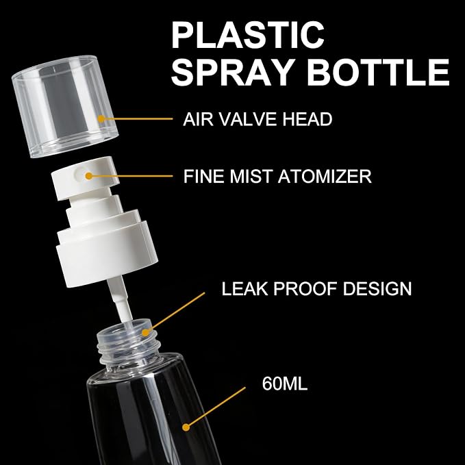 2 Pack Spray Bottles 2oz/60ml, Leak Proof Fine Mist Small Empty Spray Bottles, Portable Refillable Plastic Travel Bottle for Hair Spray Toners Facial Moisturizing
