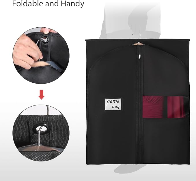 Univivi 60 Inch Long Garment Bags for Hanging Clothes, 5 Pack, Black | Breathable Dress Bag, Dustproof Hanging Garment Bag, Clear Window and ID Card Holder for Coats, Dresses