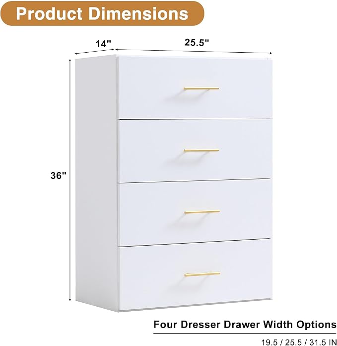 25.5" 4 Drawer Closet Module, White MDF Closet Organizer System with Gold Handles, Wall-Mounted Wardrobe Storage Cabinet for Clothes, Socks, Accessories, Bedroom, Walk-In Closet Unit