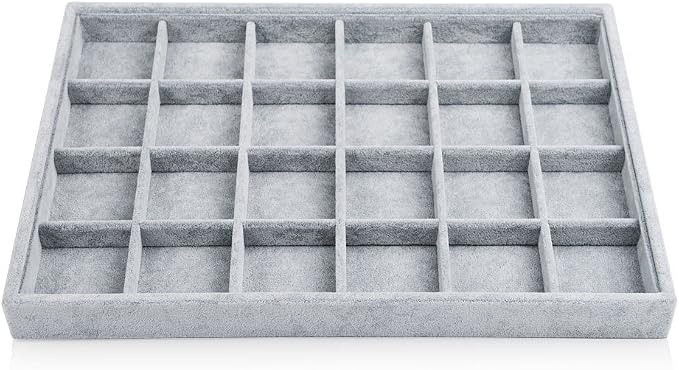 Oirlv 24 Grid Ice Velvet Jewelry Drawer Organizer Tray Stackable Jewelry Trays Removable Dividers for Rings Earring Storage Display