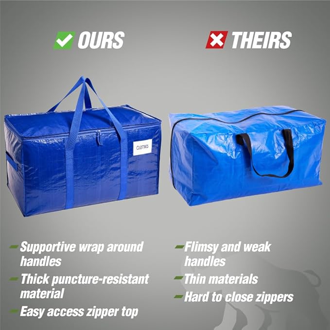 RUGGED RHINO 8 Pack Heavy Duty Extra Large Moving Bags, Durable Bag with Strong Handles and Zipper, Moving Boxes Alternative for College Packing, Holiday Décor, Space Saving Storage with Label, Clear