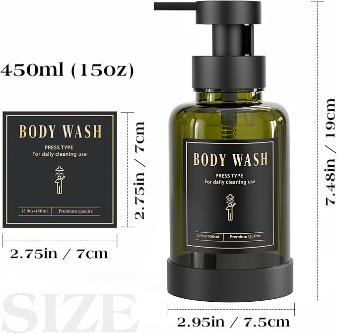 Luxspire Foaming Soap Dispenser, Glass Foam Pump Soap Dispenser, Non-Slip Hand Soap Container with 5 Waterproof Labels, 15 Oz Refillable Liquid Soap Holder for Bathroom & Kitchen, Olive Green, 2 Pack