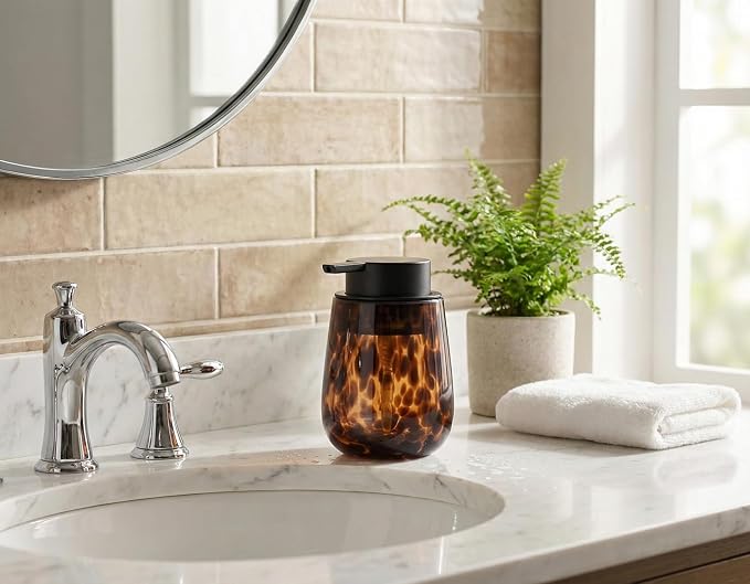 Marble Glass Foaming Hand Soap/Lotion Pump Dispenser, Refillable for Kitchen and Bathroom Countertop (Amber)
