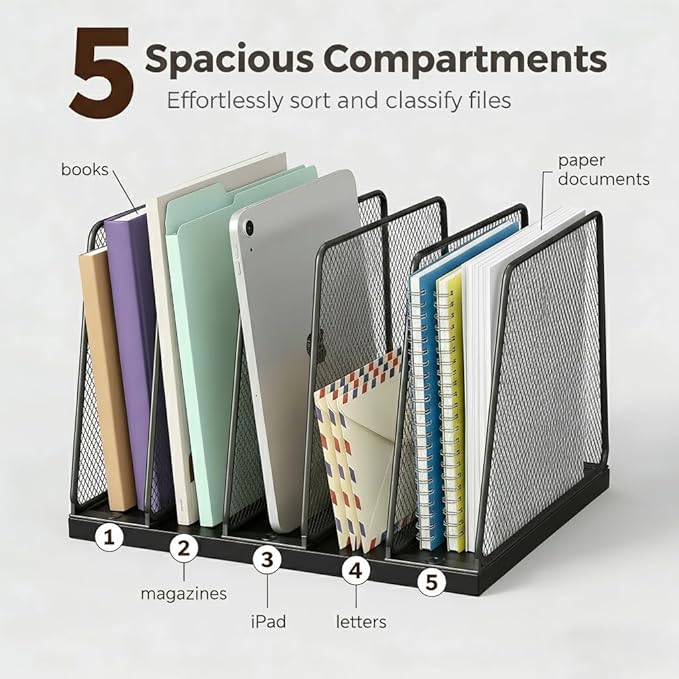 5-Section Vertical File Organizer for Desk, Sturdy Wood Base & Metal Mesh Desktop File Holder, Upright Paper Folder Sorter for Office Supplies（Black）
