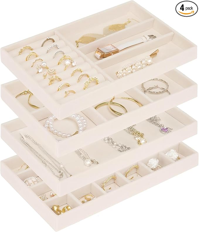 Cirhy Velvet Jewelry Drawer Organizer Trays – Stackable Jewelry Trays for Drawers, Set of 4 Jewelry Organizer for Drawer Inserts, Display Storage Box for Earrings, Rings, Necklaces, Bracelets