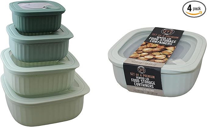 Set of 4 BPA-Free Square Food Storage Containers Vented Lids Assorted Sizes, Microwave & Freezer Safe Nesting Design for Leftovers Meal Prep Fridge Organization Dry Grains (Green)