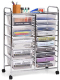 LUARANE Rolling Cart with 15 Drawers, Craft Storage Cart with Portable Handles & Lockable Wheels, Mobile Toys Organizer, Large Capacity Utility Drawer Cart Home Office School Teacher (Clear)