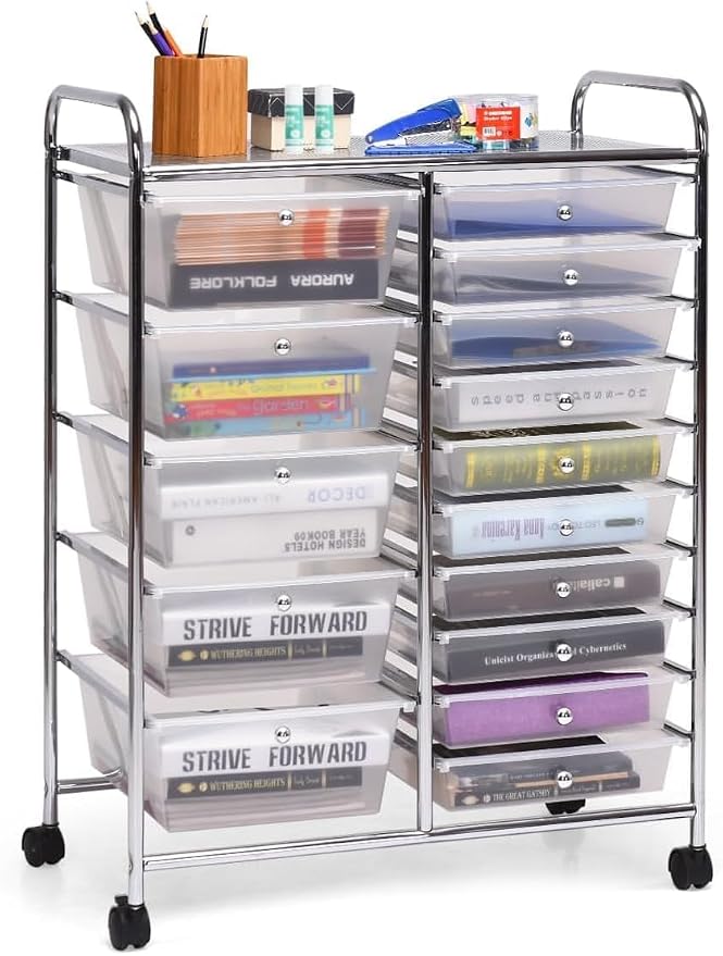 LUARANE Rolling Cart with 15 Drawers, Craft Storage Cart with Portable Handles & Lockable Wheels, Mobile Toys Organizer, Large Capacity Utility Drawer Cart Home Office School Teacher (Clear)