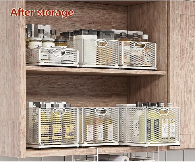 GC Pull out Cabinet Organizer Fixed with Adhesive Nano Film Heavy Duty Slide out Pantry Shelves Drawer Storage under sink organizer Sliding Mesh Cabinet Basket with Handle for Kitchen (Large)