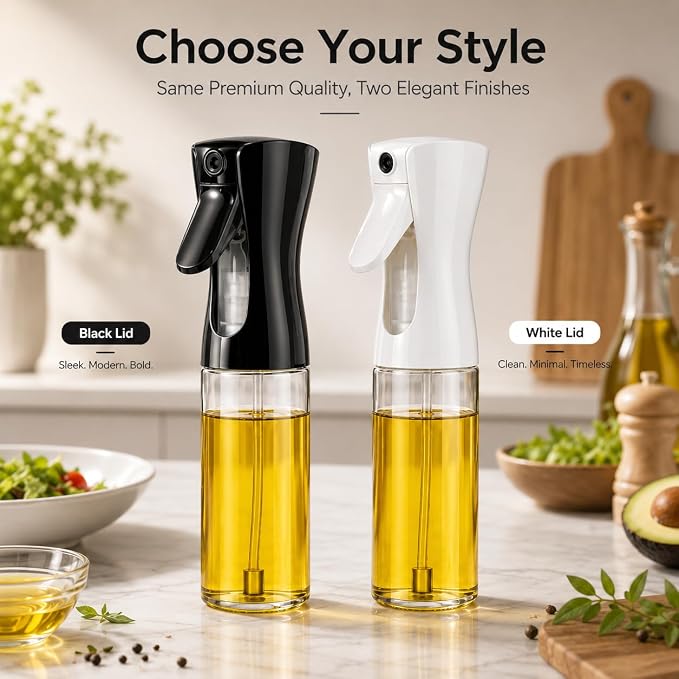 Oil Sprayer for Cooking 230ml Glass Olive Oil Spray Bottle, Refillable Oil Sprayer for Air Fryer, Salad, Baking & BBQ, Kitchen Gadget (Black Lid)