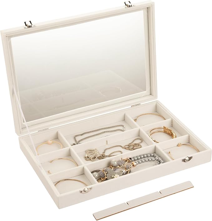 Frebeauty 12 Grid Bracelet Holder Box,Velvet Jewelry Tray with Clear Lid | Real Glass Lid,Bracelet Display,Jewelry Organizer for Bangle Brooch,Adjustable Divider,Dustproof Design,13.8×9.5Inches