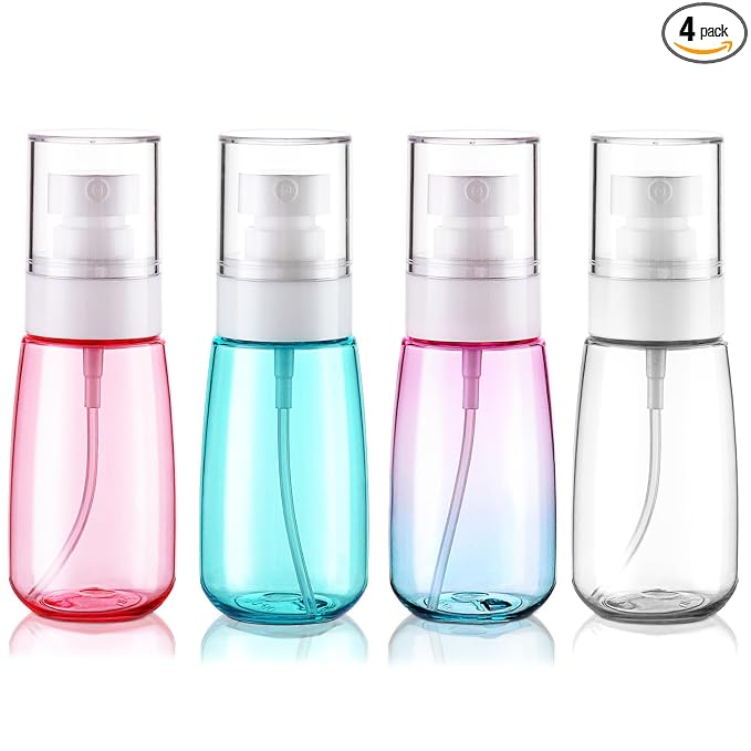 Cosywell Fine Mist Spray Bottles TSA Approved 2oz 60ml 4 Pack Leak Proof Fine Mist Spray Bottles Empty Plastic Refillable Mist Sprayer for Perfume Essential Oils Toners Rose Water Cosmetics(4Colors)