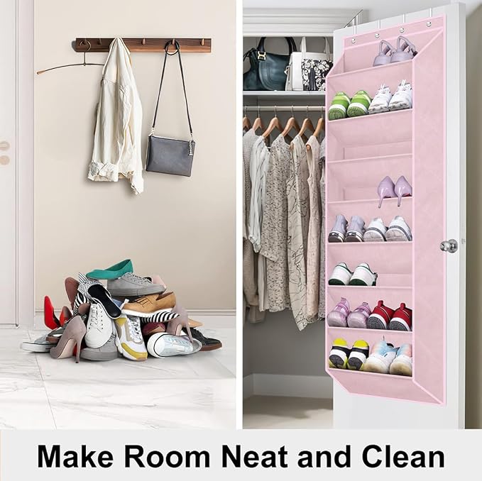 SLEEPING LAMB Over The Door Shoe Organizer for Closet with Large Deep Pockets, Narrow Shoe Rack for Door Hanging Boots Storage, Pink